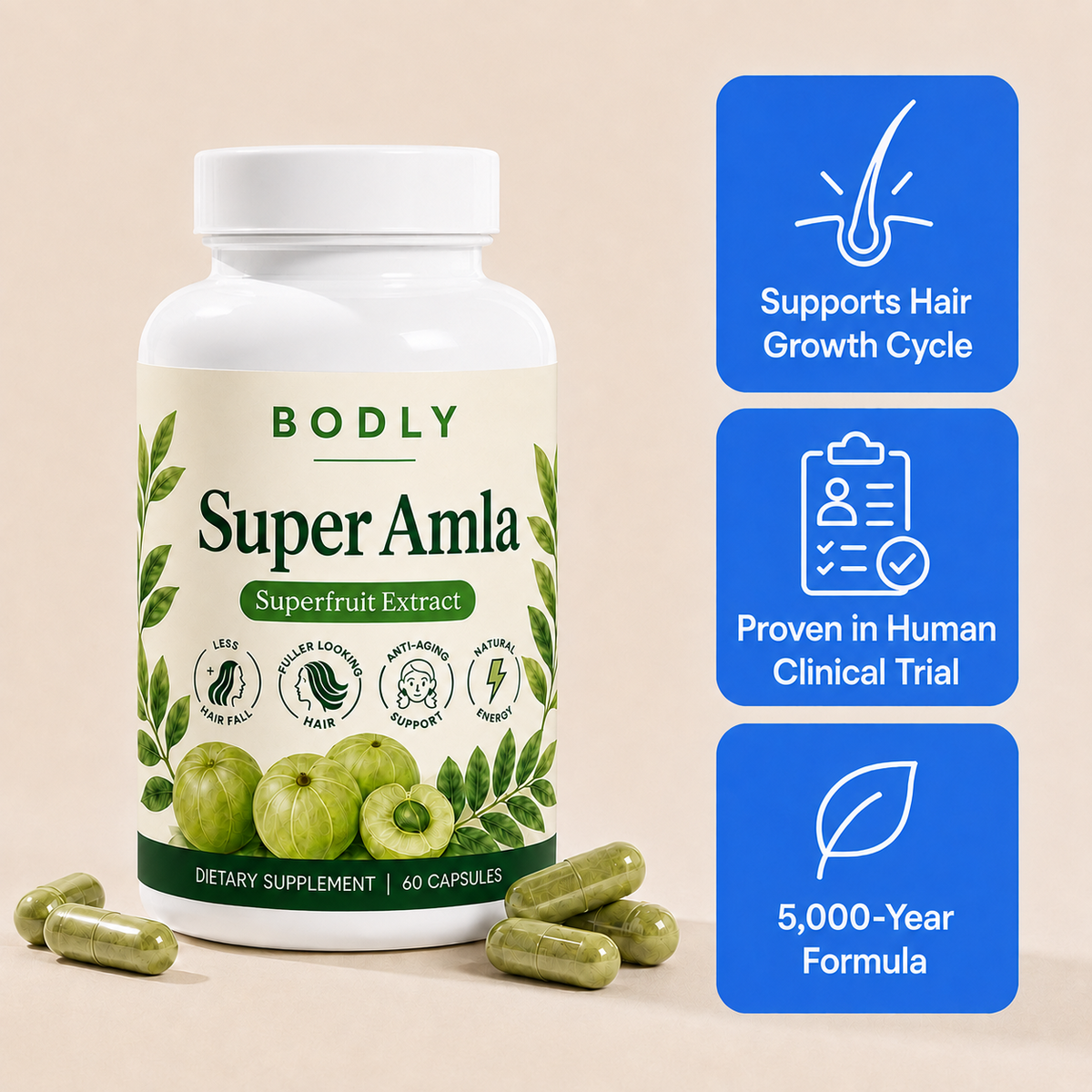 Super Amla™ by BODLY ancient amla hair growth supplement bottle with capsules